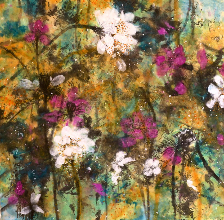 Dance of Lotus I - SOLD © 2015 Tusche &amp; Gouache auf Reispapier 68x68cm