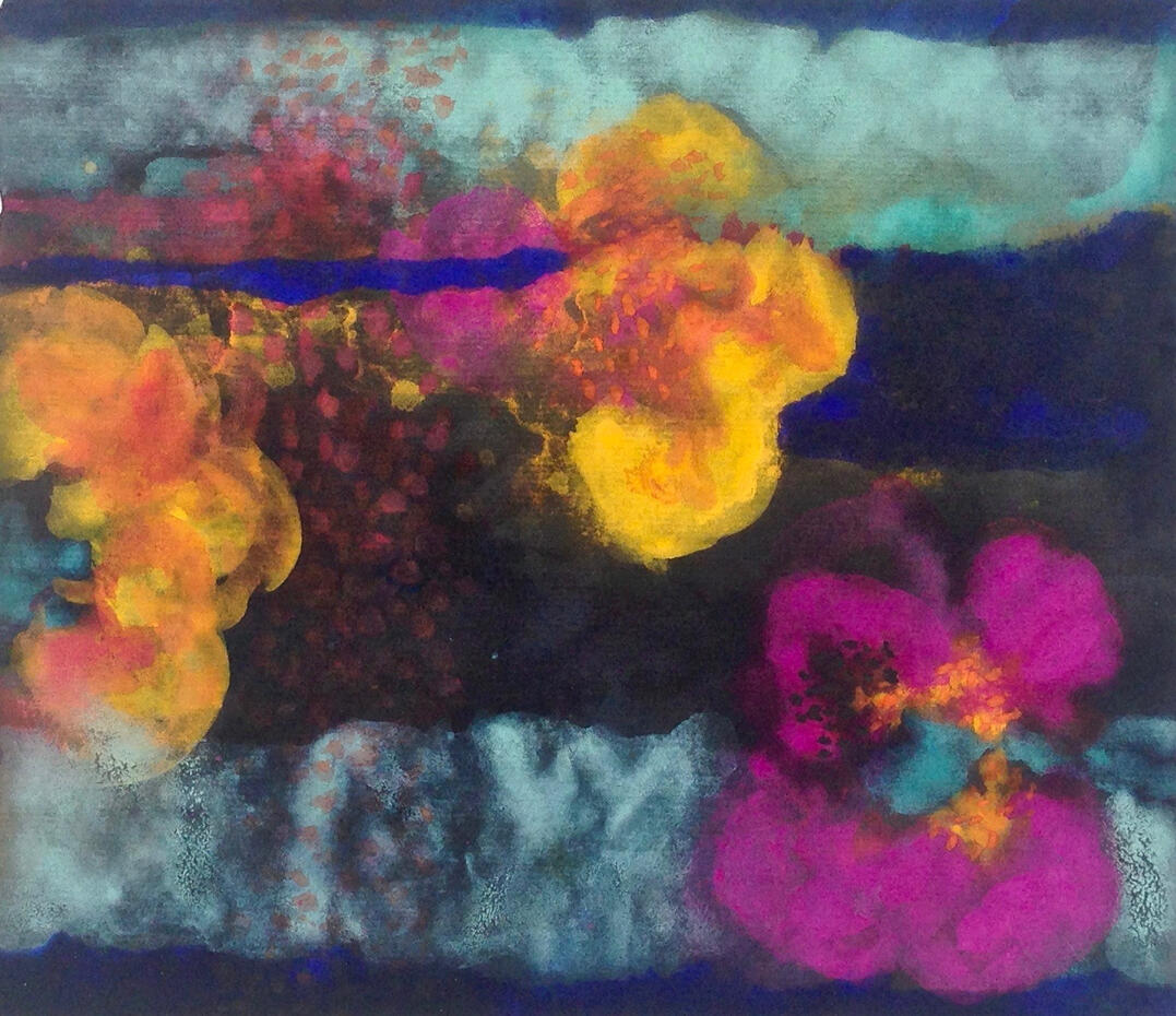 Waterlilies flowing - Sold © 2019 Tusche &amp; Gouache auf Reispapier 19x22cm